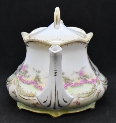 R.S. Prussia Mold 655 5" teapot, Victorian couples scene intermixed with dainty pink flower garlands, red mark - 4