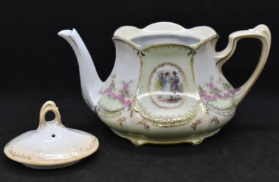 R.S. Prussia Mold 655 5" teapot, Victorian couples scene intermixed with dainty pink flower garlands, red mark - 5