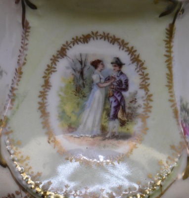 R.S. Prussia Mold 655 5" teapot, Victorian couples scene intermixed with dainty pink flower garlands, red mark - 6