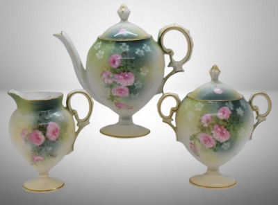 R.S. Prussia Mold 601 3 pc. tea set, pink roses, red mark