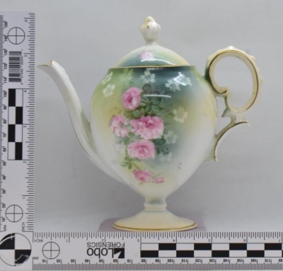 R.S. Prussia Mold 601 3 pc. tea set, pink roses, red mark - 8