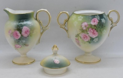 R.S. Prussia Mold 601 3 pc. tea set, pink roses, red mark - 13