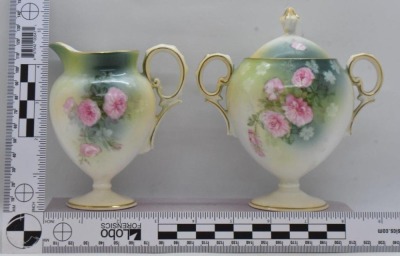 R.S. Prussia Mold 601 3 pc. tea set, pink roses, red mark - 17