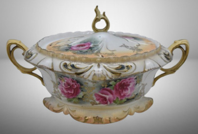 R.S. Prussia Fleur-de-lys biscuit/ cracker jar, open pink blossoms, red mark