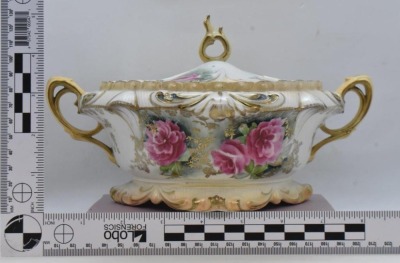 R.S. Prussia Fleur-de-lys biscuit/ cracker jar, open pink blossoms, red mark - 9