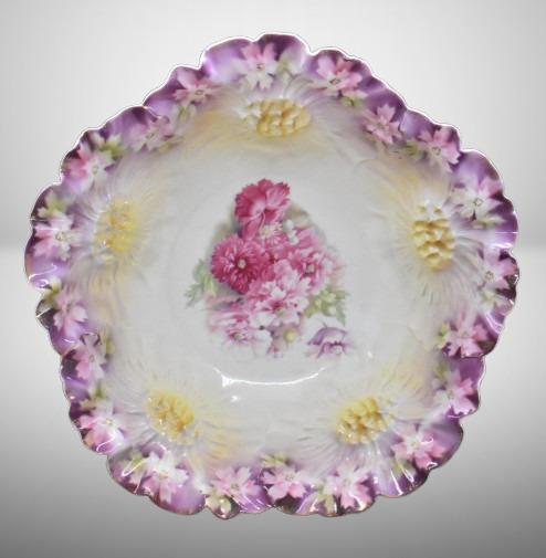 R.S. Prussia Sunflower Mold 10.5"d bowl, multi-colored roses, red mark