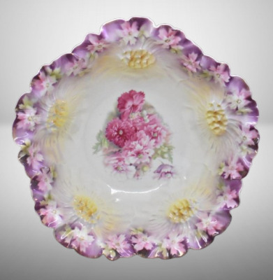 R.S. Prussia Sunflower Mold 10.5"d bowl, multi-colored roses, red mark