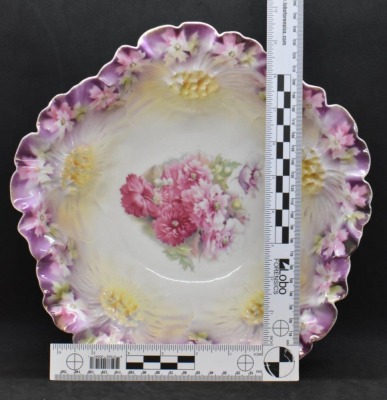 R.S. Prussia Sunflower Mold 10.5"d bowl, multi-colored roses, red mark - 6