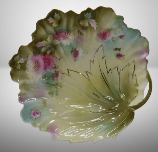 R.S. Prussia leaf-shaped 11"d dish, pink flowers, red mark