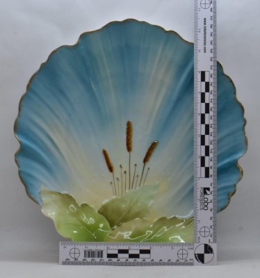 Mrkd. R.S. Germany (Steeple mark) leaf-shaped dish, cattails - 6