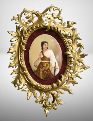 KPM oval porcelain plaque "Judith" mounted on brass framework