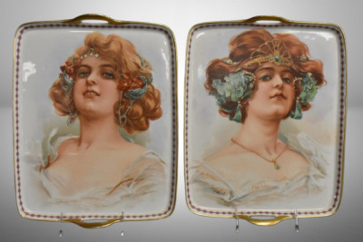 (2) Mrkd. B and Co. France Limoges large trays featuring gorgeous lady portraits, 10" x 13"