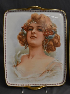 (2) Mrkd. B and Co. France Limoges large trays featuring gorgeous lady portraits, 10" x 13" - 3