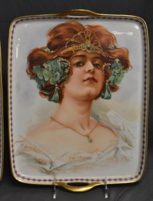 (2) Mrkd. B and Co. France Limoges large trays featuring gorgeous lady portraits, 10" x 13" - 4