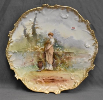 (2) Handpainted porcelain 13.5"d plaques featuring peasant girls scenes - 5