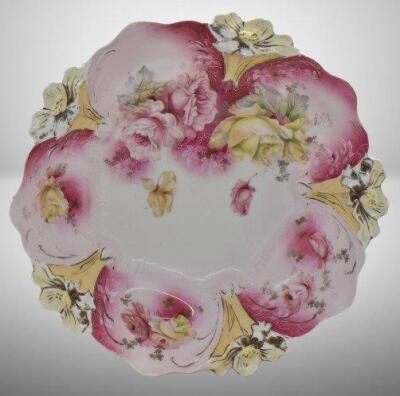 R.S. Prussia Lily Mold 10.5"d bowl, pink and yellow roses