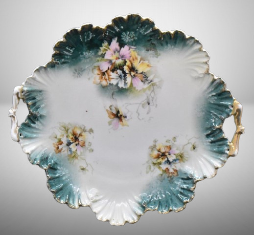 Handpainted porcelain 12"d cake plate, multi-colored flowers