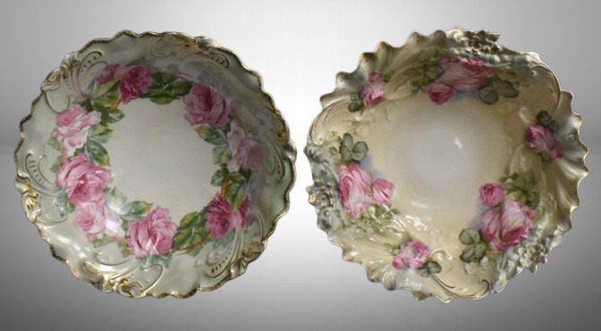 (2) Handpainted porcelain 10.5"d bowls w/ large pink roses: 1-mrkd. Royal Bayreuth; 1 w/ circle mold mark