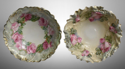 (2) Handpainted porcelain 10.5"d bowls w/ large pink roses: 1-mrkd. Royal Bayreuth; 1 w/ circle mold mark