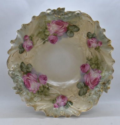 (2) Handpainted porcelain 10.5"d bowls w/ large pink roses: 1-mrkd. Royal Bayreuth; 1 w/ circle mold mark - 2