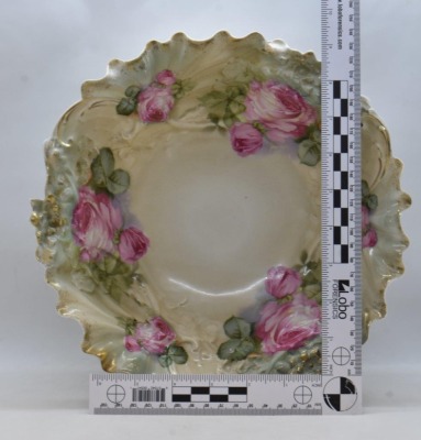 (2) Handpainted porcelain 10.5"d bowls w/ large pink roses: 1-mrkd. Royal Bayreuth; 1 w/ circle mold mark - 6