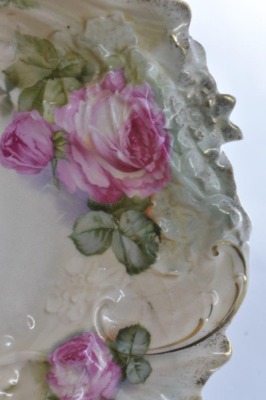 (2) Handpainted porcelain 10.5"d bowls w/ large pink roses: 1-mrkd. Royal Bayreuth; 1 w/ circle mold mark - 7