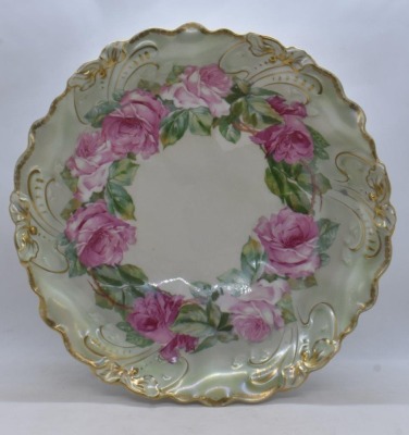 (2) Handpainted porcelain 10.5"d bowls w/ large pink roses: 1-mrkd. Royal Bayreuth; 1 w/ circle mold mark - 8