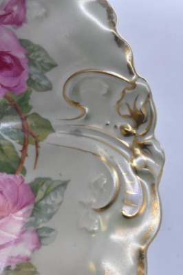 (2) Handpainted porcelain 10.5"d bowls w/ large pink roses: 1-mrkd. Royal Bayreuth; 1 w/ circle mold mark - 9