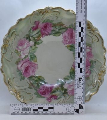 (2) Handpainted porcelain 10.5"d bowls w/ large pink roses: 1-mrkd. Royal Bayreuth; 1 w/ circle mold mark - 12