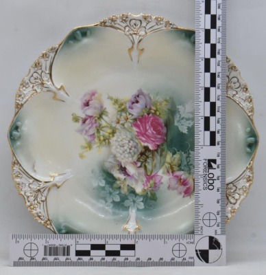 (2) R.S. Prussia 8.5"d plates, red mark: Icicle mold w/ fruit; Mold 82, mixed flowers in glass bowl - 6