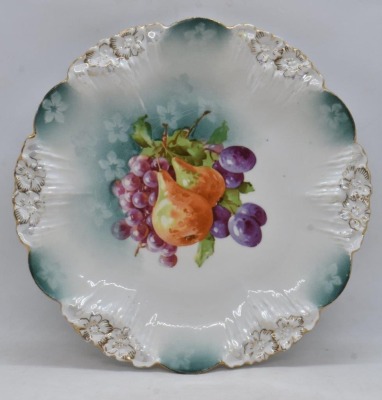 (2) R.S. Prussia 8.5"d plates, red mark: Icicle mold w/ fruit; Mold 82, mixed flowers in glass bowl - 8