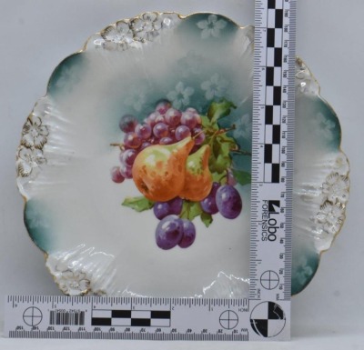 (2) R.S. Prussia 8.5"d plates, red mark: Icicle mold w/ fruit; Mold 82, mixed flowers in glass bowl - 13