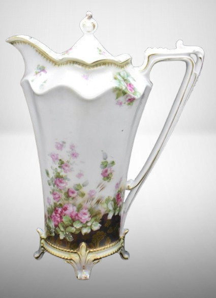 R.S. Prussia Mold 704 9.5"h chocolate pot, dainty pink roses, red mark