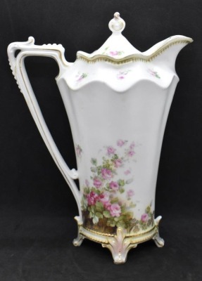 R.S. Prussia Mold 704 9.5"h chocolate pot, dainty pink roses, red mark - 3