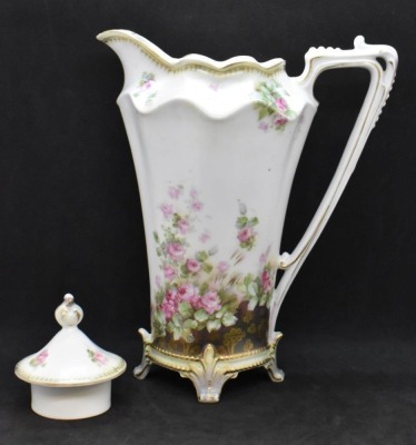 R.S. Prussia Mold 704 9.5"h chocolate pot, dainty pink roses, red mark - 5