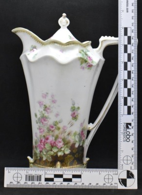 R.S. Prussia Mold 704 9.5"h chocolate pot, dainty pink roses, red mark - 9