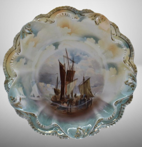 R.S. Prussia Mold 329 10.5"d bowl, Masted Schooner, red mark