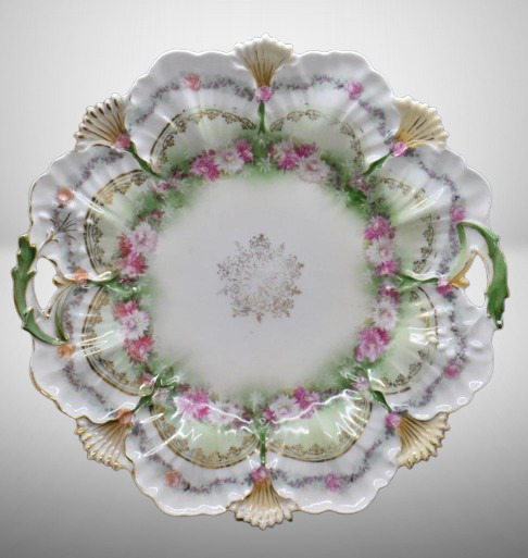 R.S. Prussia Mold 108 11"d cake plate, pink flowers, circle mold mark