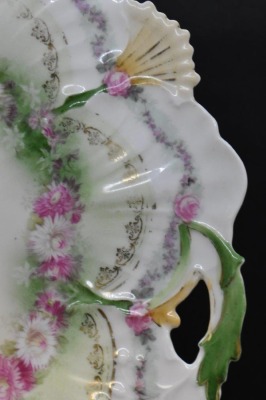 R.S. Prussia Mold 108 11"d cake plate, pink flowers, circle mold mark - 3