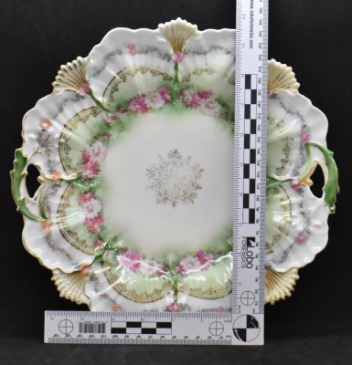 R.S. Prussia Mold 108 11"d cake plate, pink flowers, circle mold mark - 5