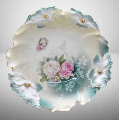 R.S. Prussia Carnation Mold 9.25"d bowl, pink and white roses, red mark