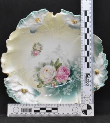 R.S. Prussia Carnation Mold 9.25"d bowl, pink and white roses, red mark - 7