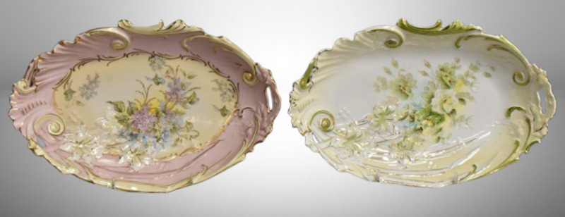 (2) Handpainted porcelain oval bowls, matching scroll borders w/ different floral designs