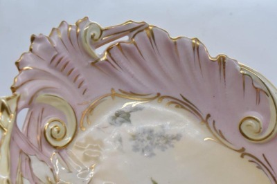 (2) Handpainted porcelain oval bowls, matching scroll borders w/ different floral designs - 2