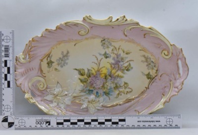 (2) Handpainted porcelain oval bowls, matching scroll borders w/ different floral designs - 3