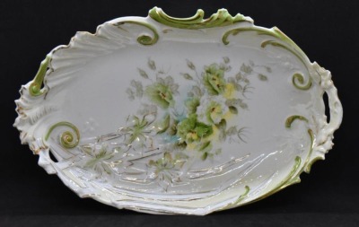 (2) Handpainted porcelain oval bowls, matching scroll borders w/ different floral designs - 4