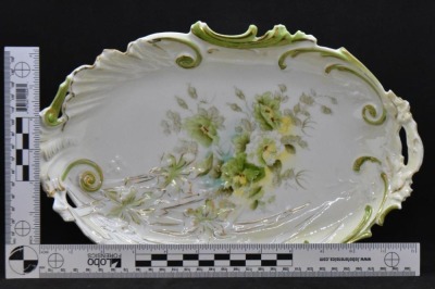 (2) Handpainted porcelain oval bowls, matching scroll borders w/ different floral designs - 7