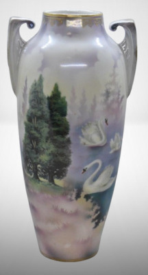 R.S. Prussia 11.5" vase, Swans on Lake/ Evergreens