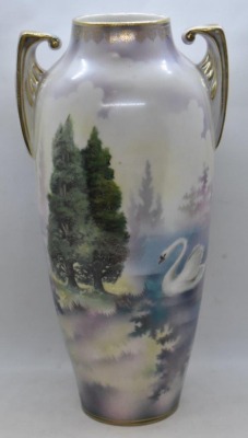 R.S. Prussia 11.5" vase, Swans on Lake/ Evergreens - 3