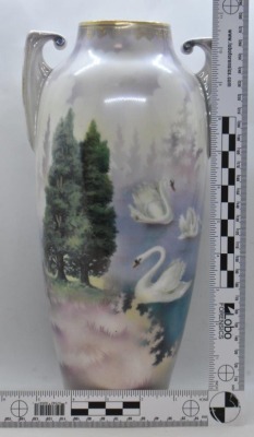 R.S. Prussia 11.5" vase, Swans on Lake/ Evergreens - 8